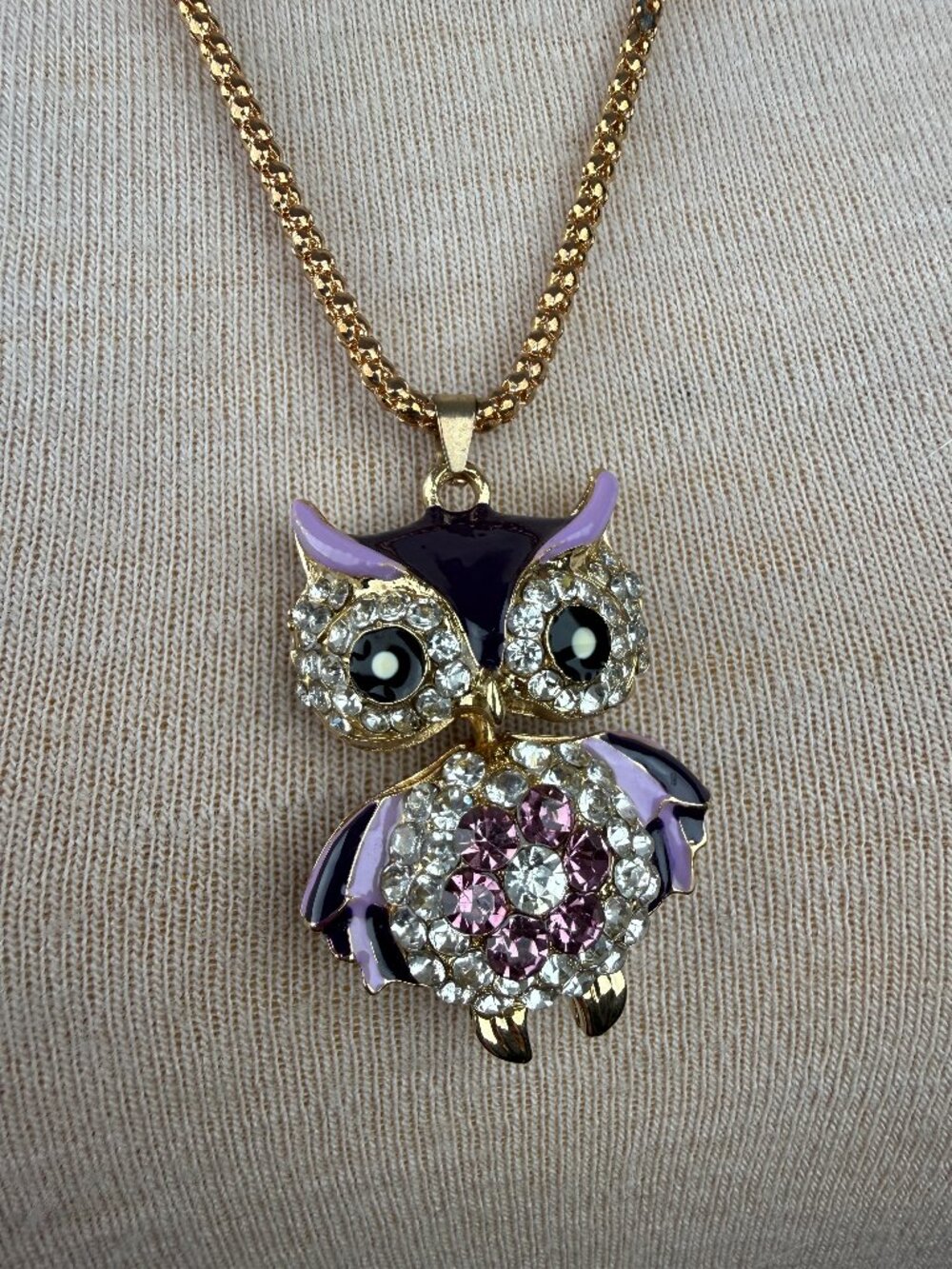 Cute Purple Enamel & Rhinestone Articulated Owl Pendant Necklace 27-29"